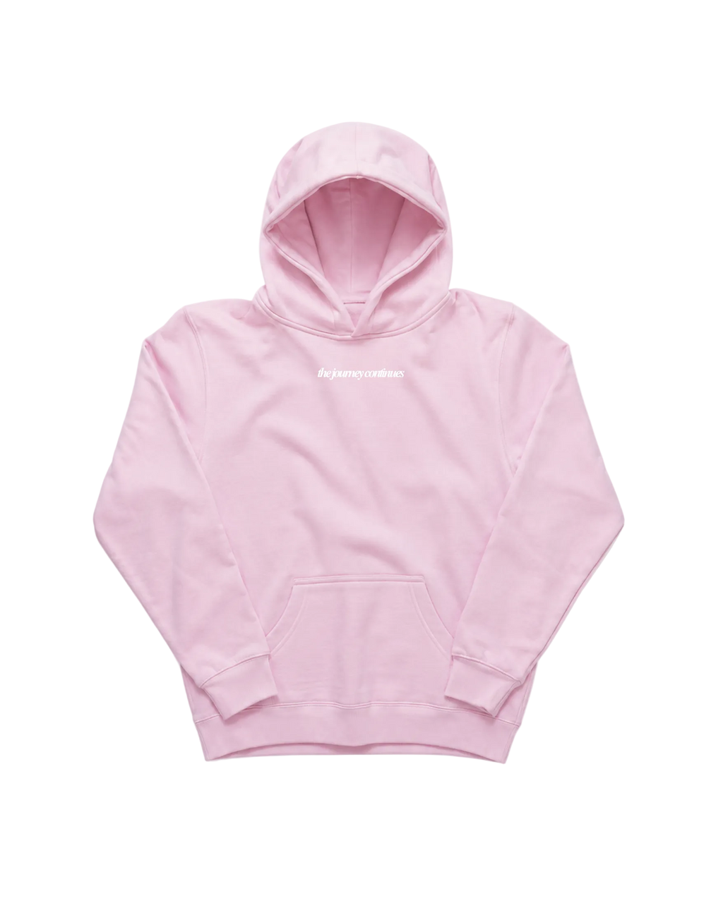 A light pink pullover hoodie with a small white 'the journey continues' text logo on the chest, displayed flat against a solid white background.