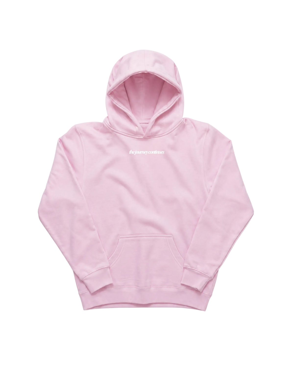 A light pink pullover hoodie with a small white 'the journey continues' text logo on the chest, displayed flat against a solid white background.