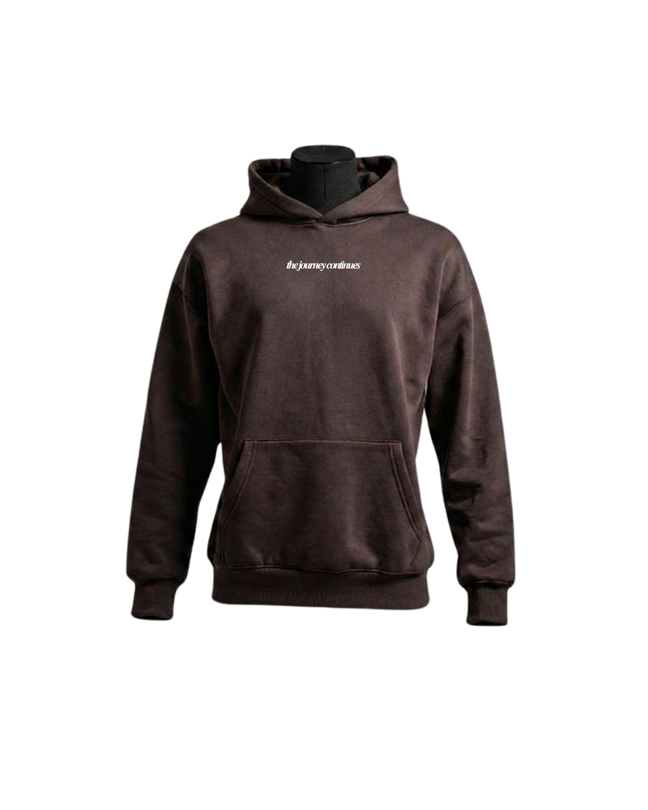 A dark brown pullover hoodie displayed on a black mannequin torso against a plain white background. The hoodie features a small white 'injuncarbon' logo printed on the center chest.