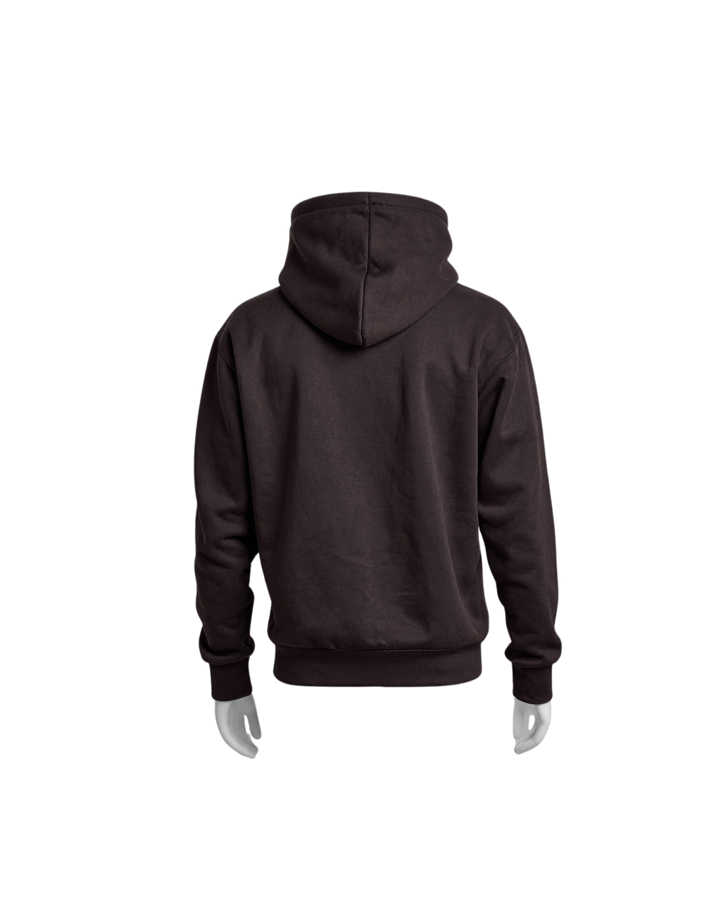 A dark brown pullover hoodie shown from the back, displayed on a headless mannequin with gray hands against a plain white background.