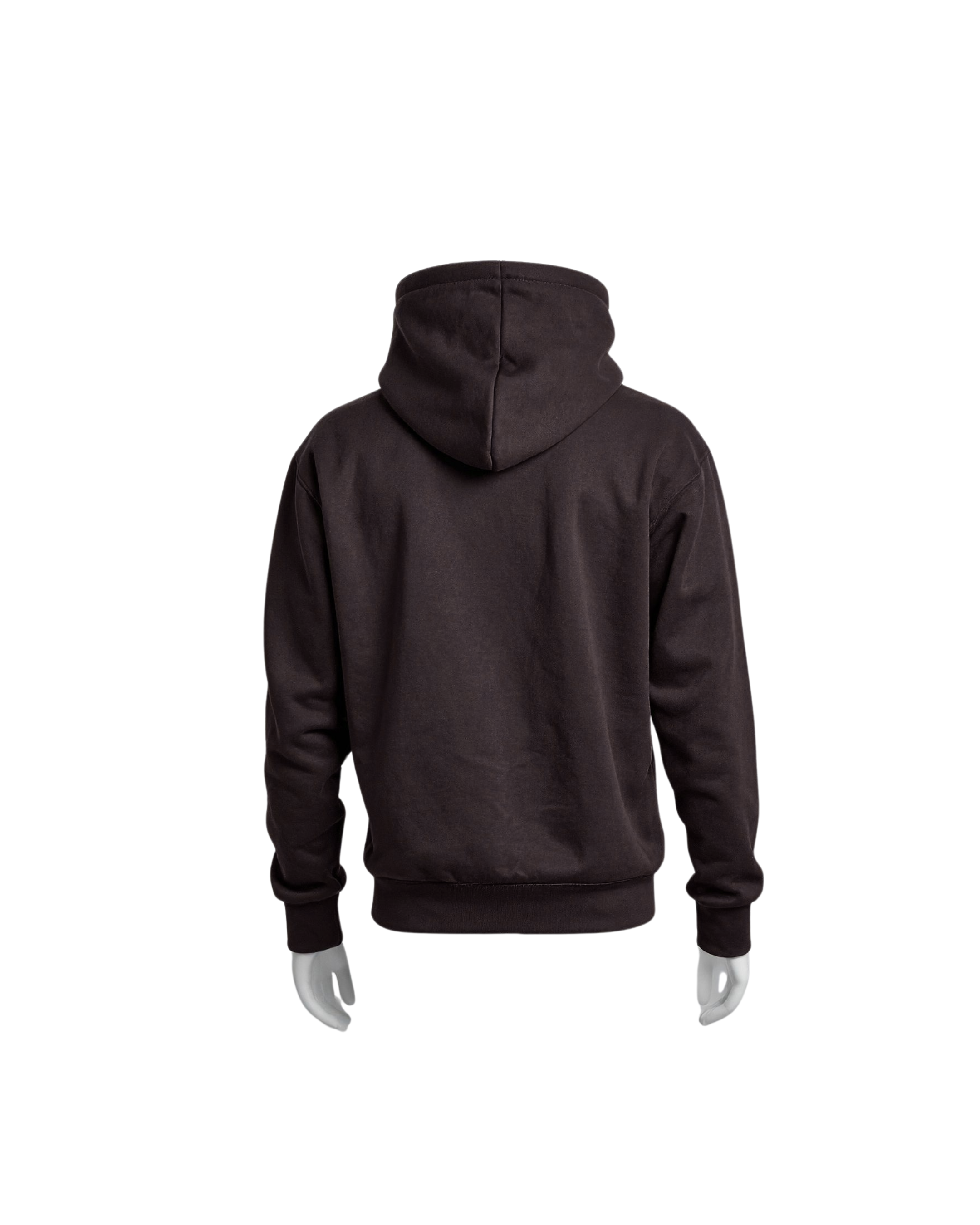 A dark brown pullover hoodie shown from the back, displayed on a headless mannequin with gray hands against a plain white background.
