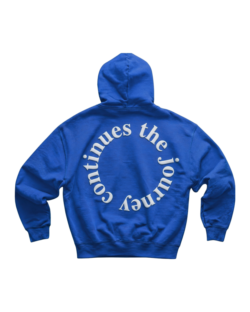 A royal blue hoodie shown from the back, featuring the phrase 'the journey Continues  ' printed in white curved text across the back.