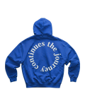 A royal blue hoodie shown from the back, featuring the phrase 'the journey Continues  ' printed in white curved text across the back.