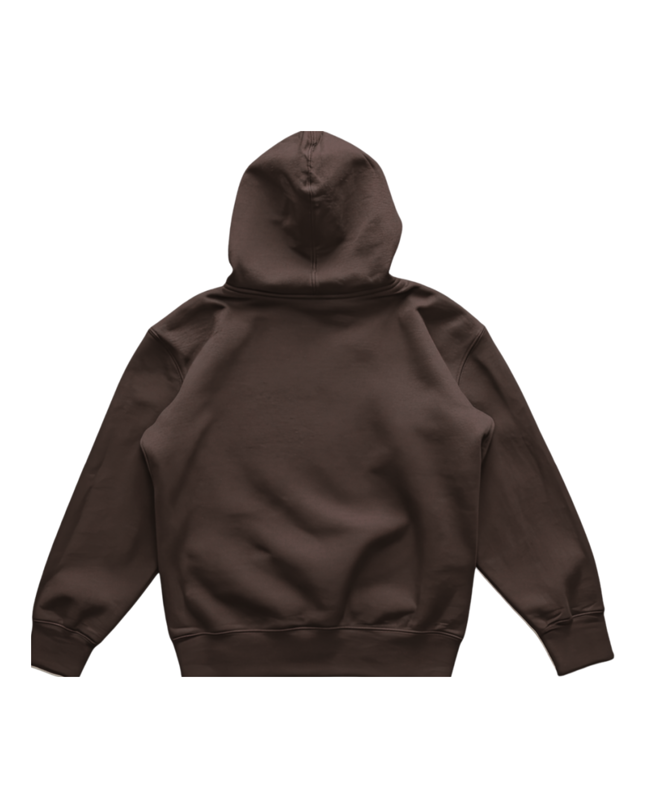 A dark brown pullover hoodie shown from the back, laid flat against a solid white background.