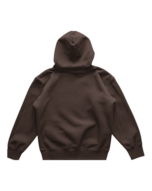 A dark brown pullover hoodie shown from the back, laid flat against a solid white background.