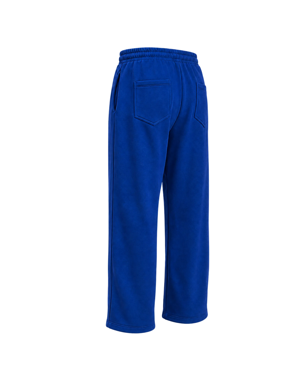 Blue wide-leg sweatpants shown from the back, featuring an elastic waistband and two back pockets.