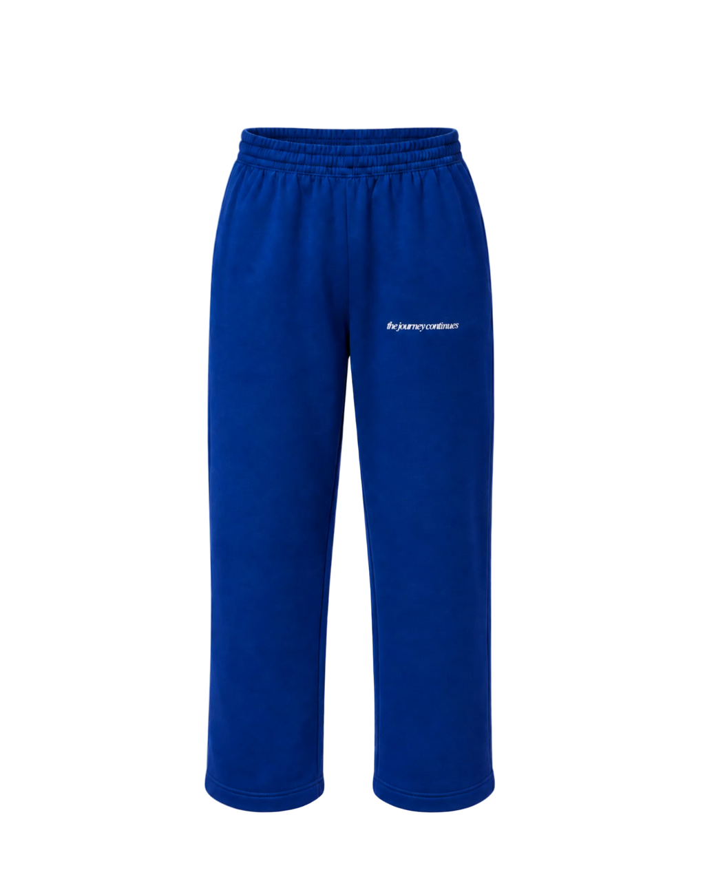 Royal blue sweatpants with an elastic waistband and a small white printed logo on the left thigh..
