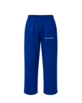 Royal blue sweatpants with an elastic waistband and a small white printed logo on the left thigh..