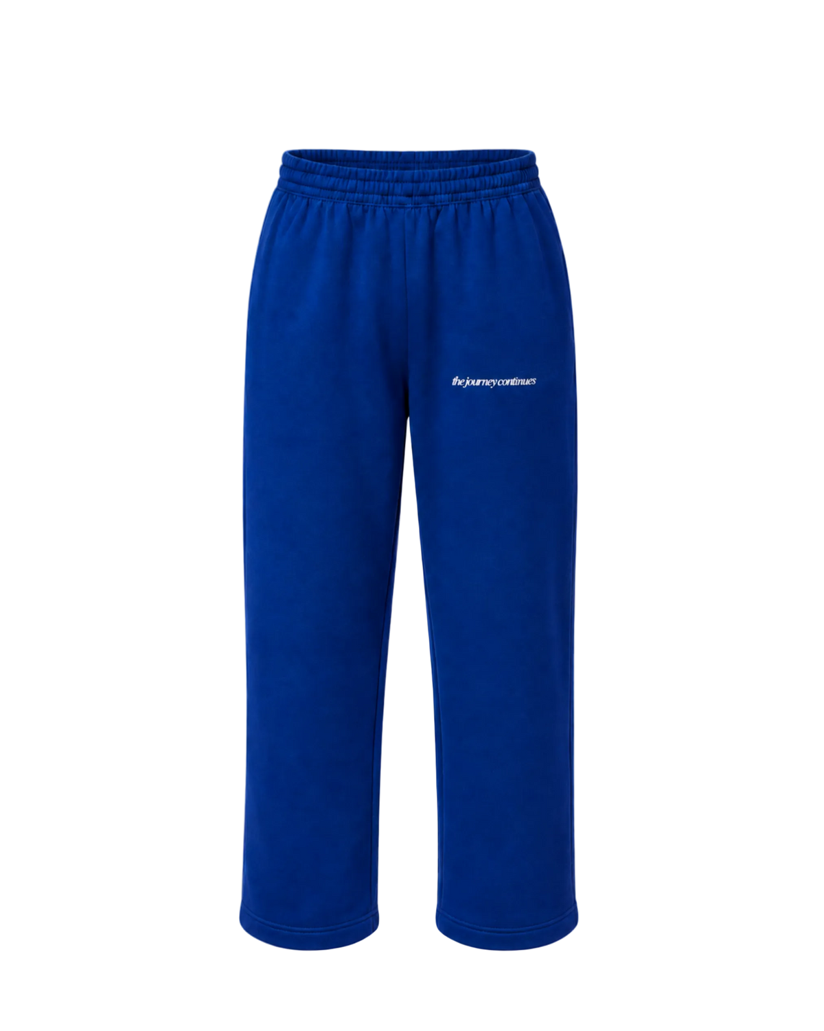 Royal blue sweatpants with an elastic waistband and a small white printed logo on the left thigh..