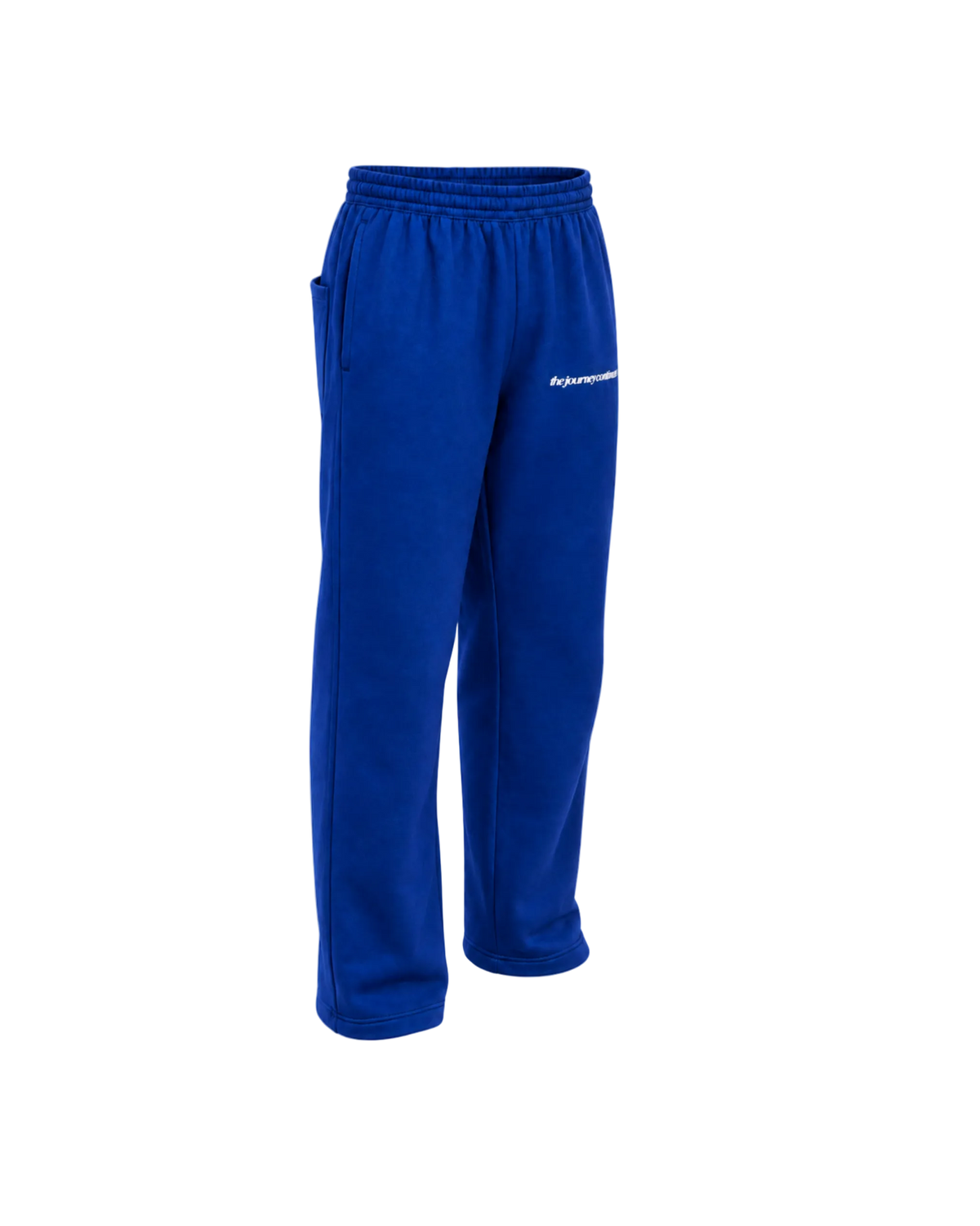 Royal blue fleece sweatpants with an elastic waistband, side pockets, and a small white printed logo on the upper left thigh.