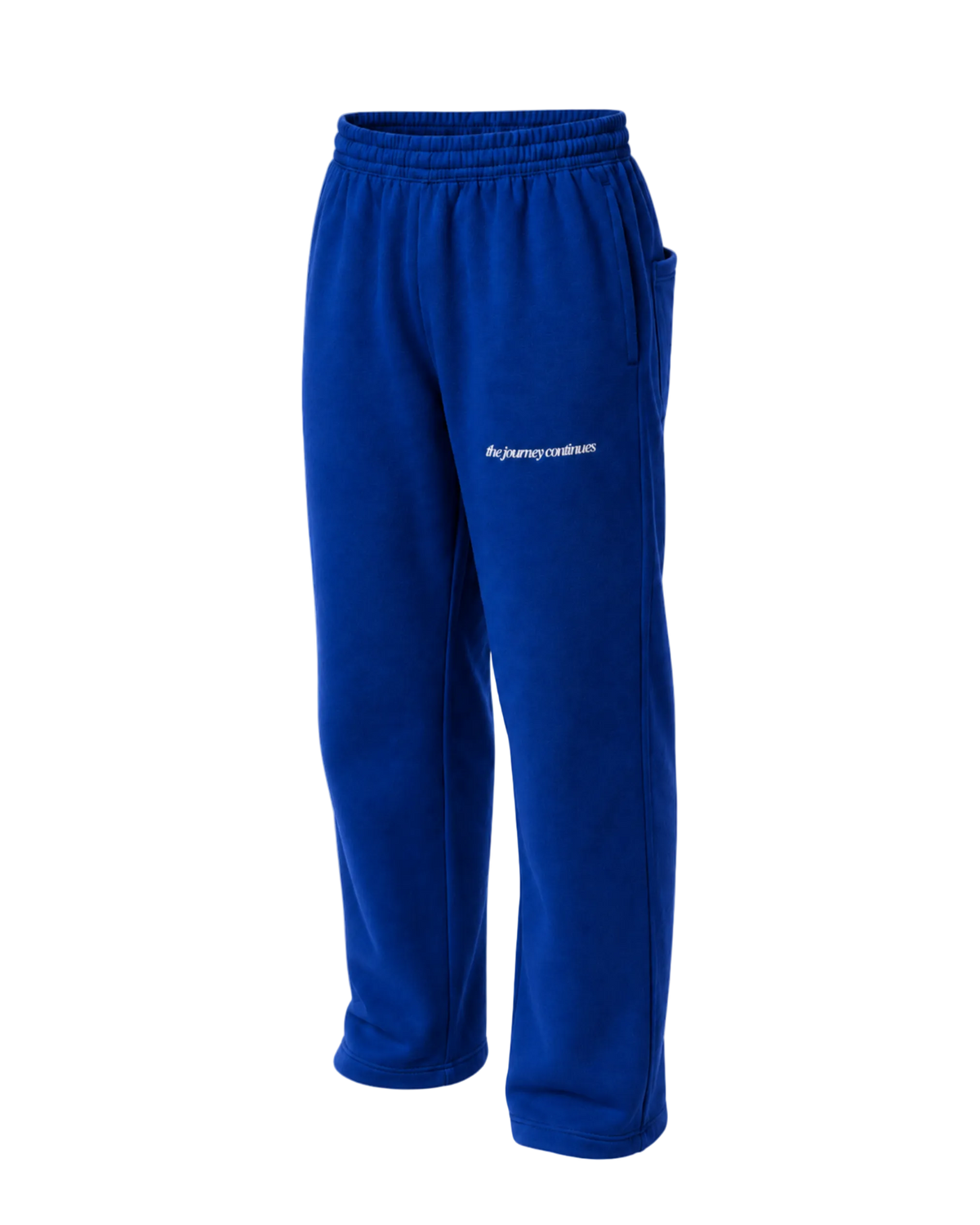 Blue fleece sweatpants with a white printed logo on the left thigh, displayed on a clean white background.