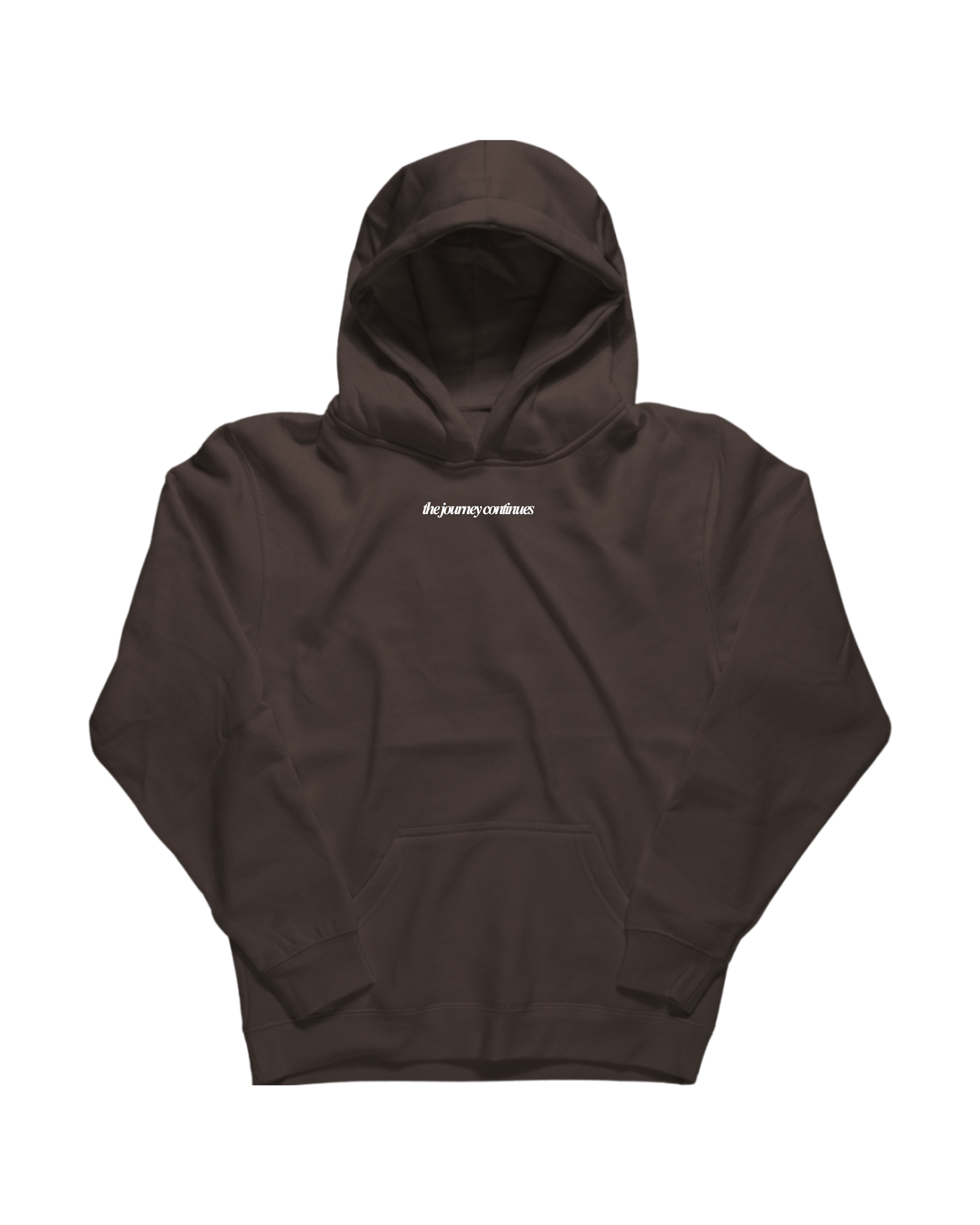 A dark brown pullover hoodie with a small white script logo on the chest, displayed flat against a solid white background.
