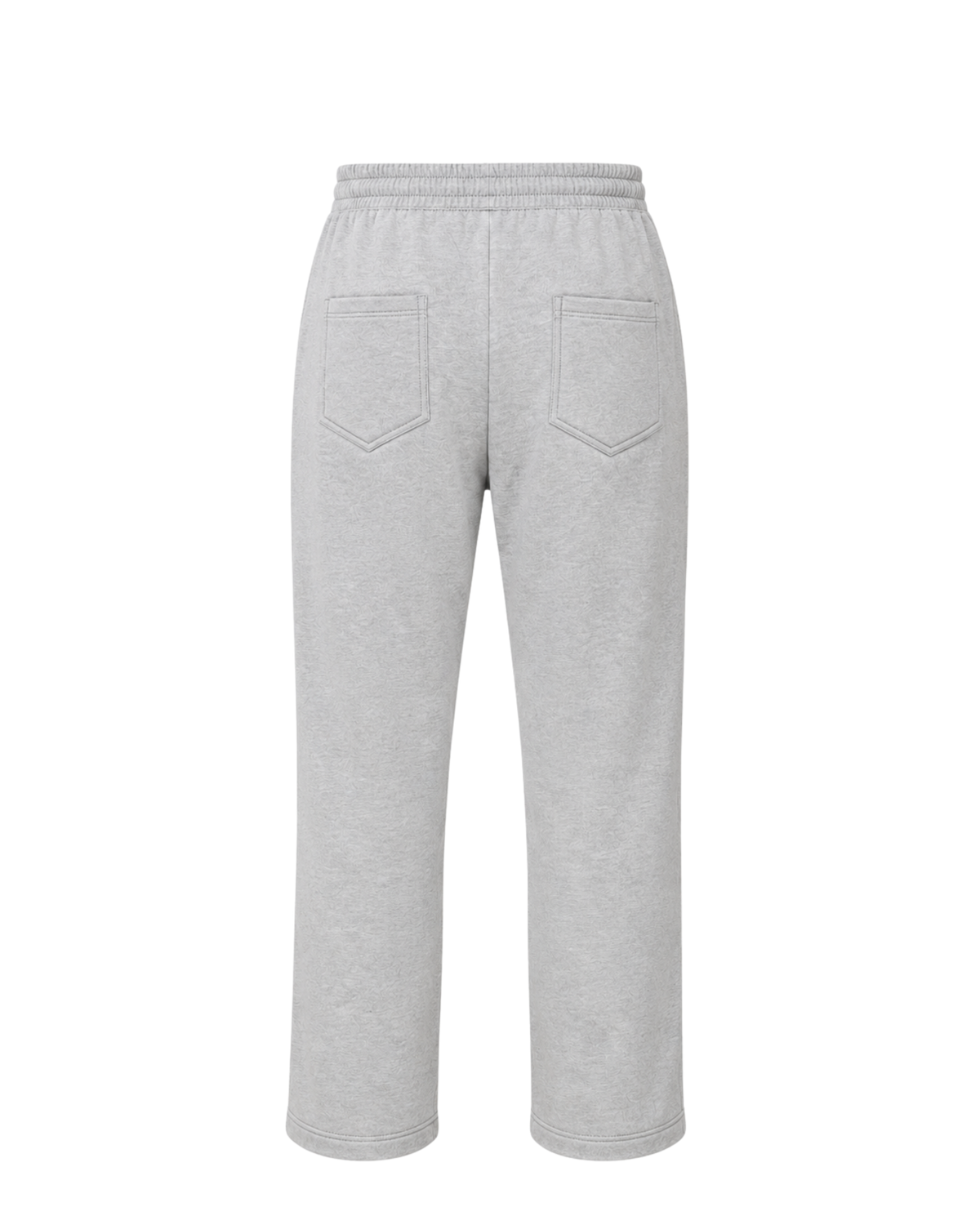 Rear view grey melange regular sweatpants with subtle white "the journey continues" print on the front.