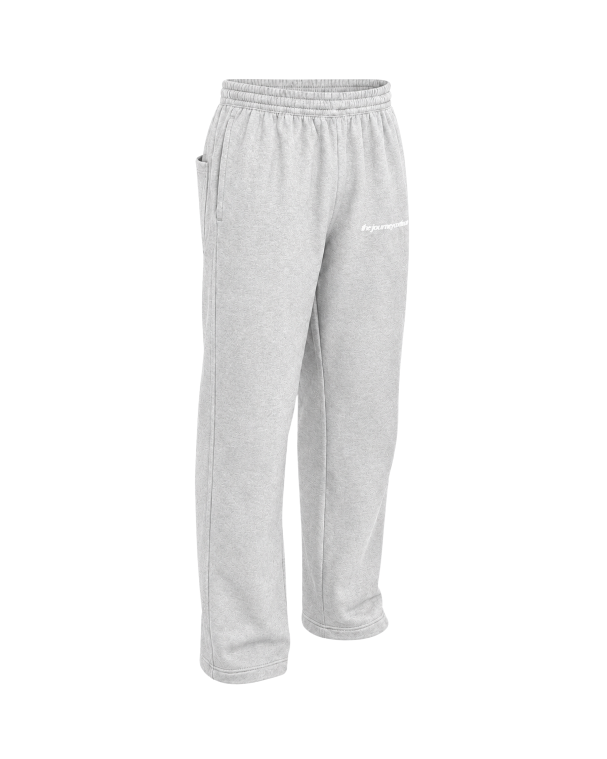 Front right view grey melange regular sweatpants with subtle white "the journey continues" print on the front.