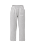 Front view grey regular sweatpants with subtle white "the journey continues" print on the front.