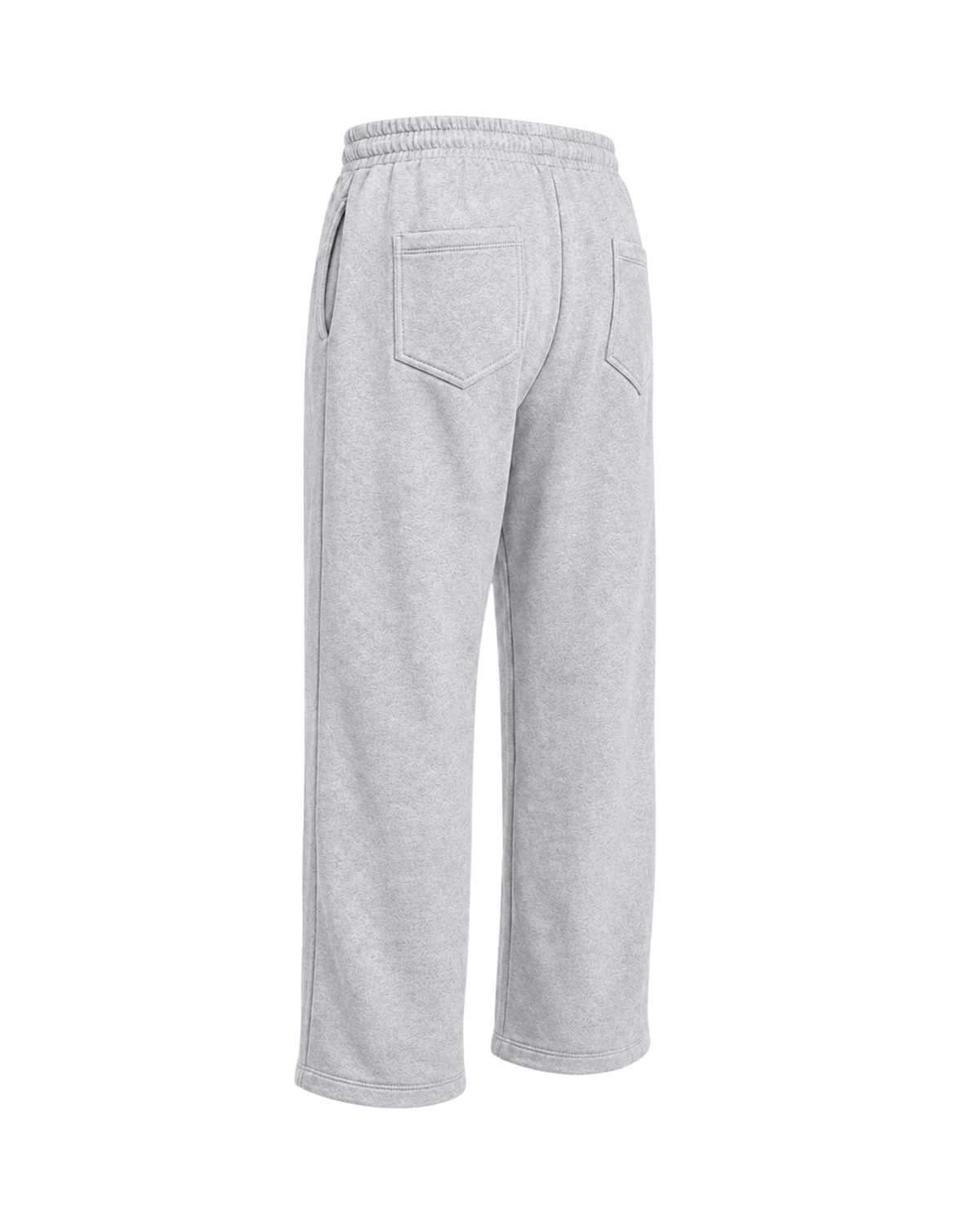 Rear left view grey melange regular sweatpants with subtle white "the journey continues" print on the front.