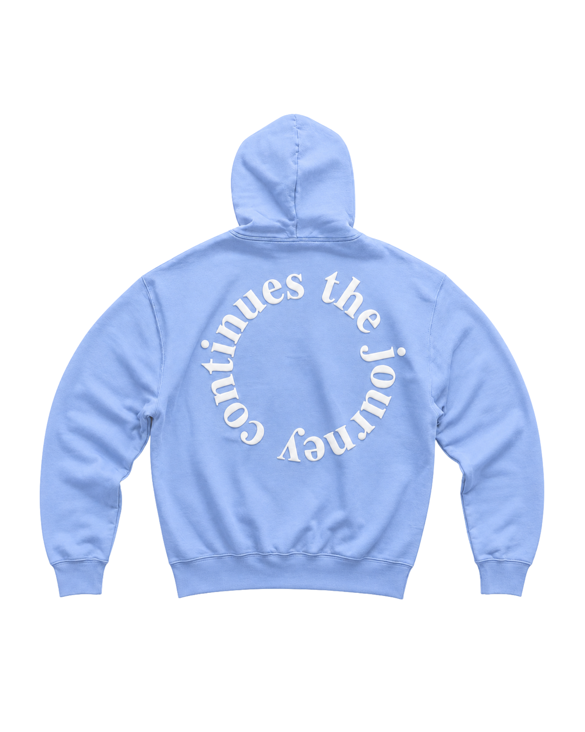 A light blue hoodie shown from the back, featuring a large white circular text graphic that reads 'the journey continues ' across the back.
