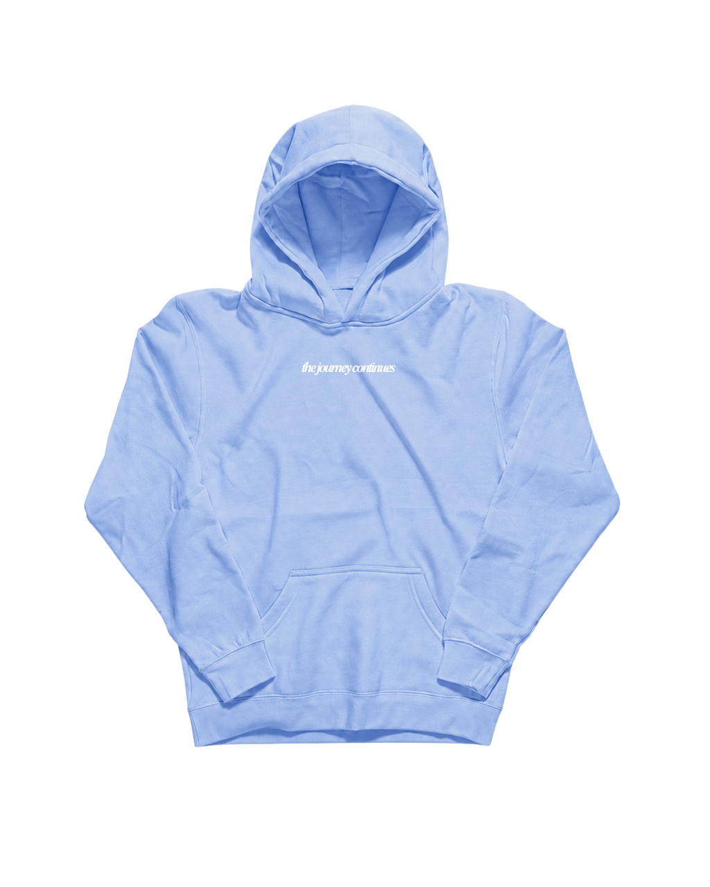 A light blue pullover hoodie with a small white script logo on the chest, displayed flat against a solid white background.

