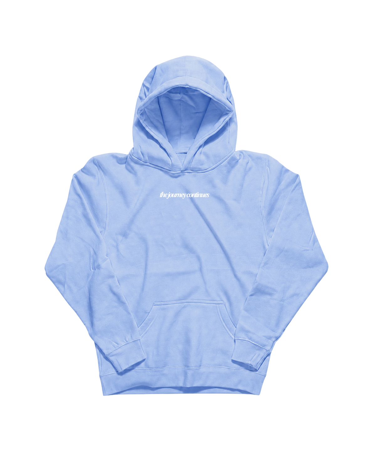 A light blue pullover hoodie with a small white script logo on the chest, displayed flat against a solid white background.

