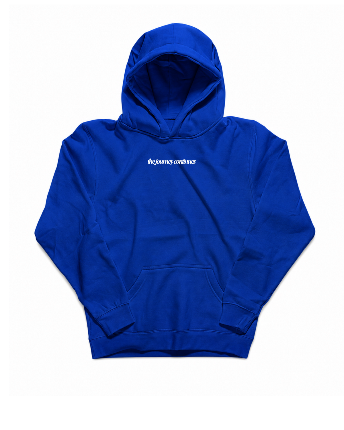A royal blue pullover hoodie with a small white script logo on the chest, displayed flat against a solid white background.